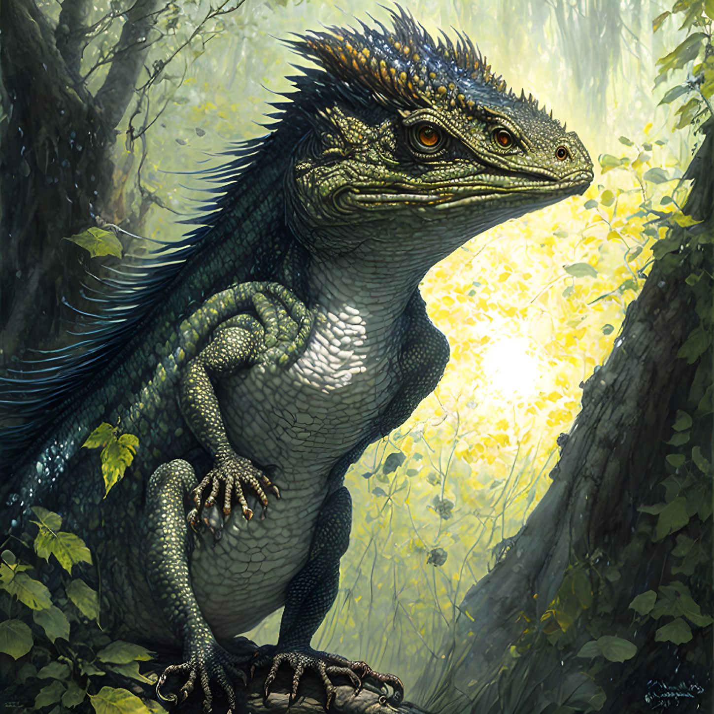 Shimmering dragon-like lizard with spiky crests in forest clearing