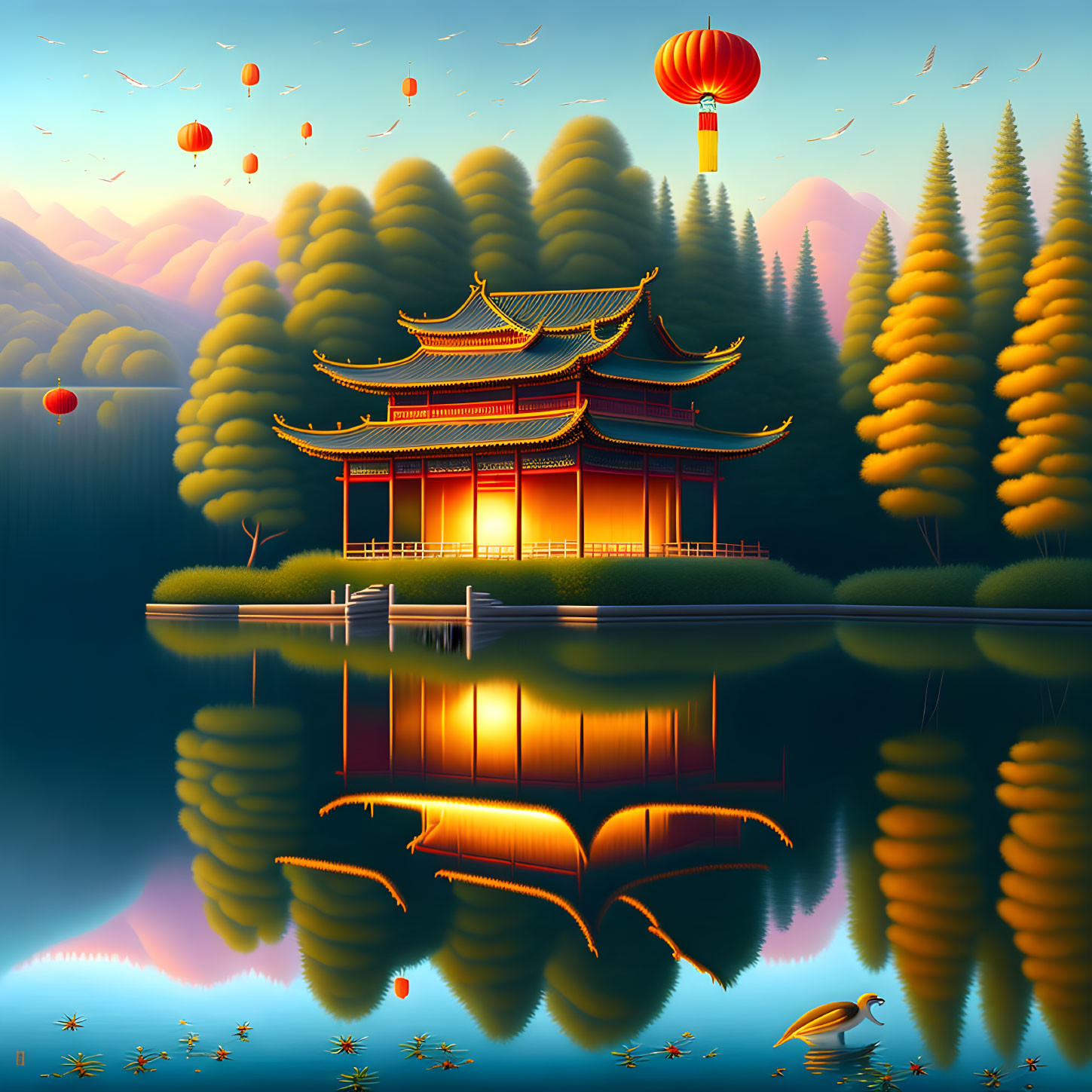 Traditional Asian pagoda by lake at dusk with forest, sky lanterns, and reflection.