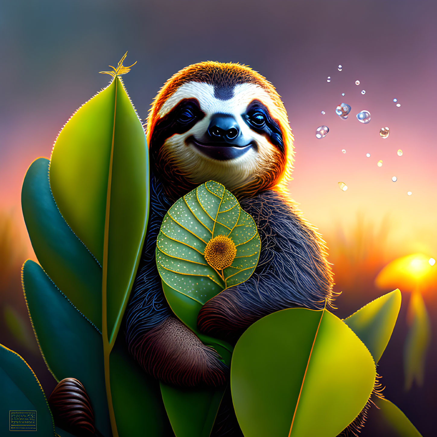 Colorful Smiling Sloth Holding Leaf with Insect on Head