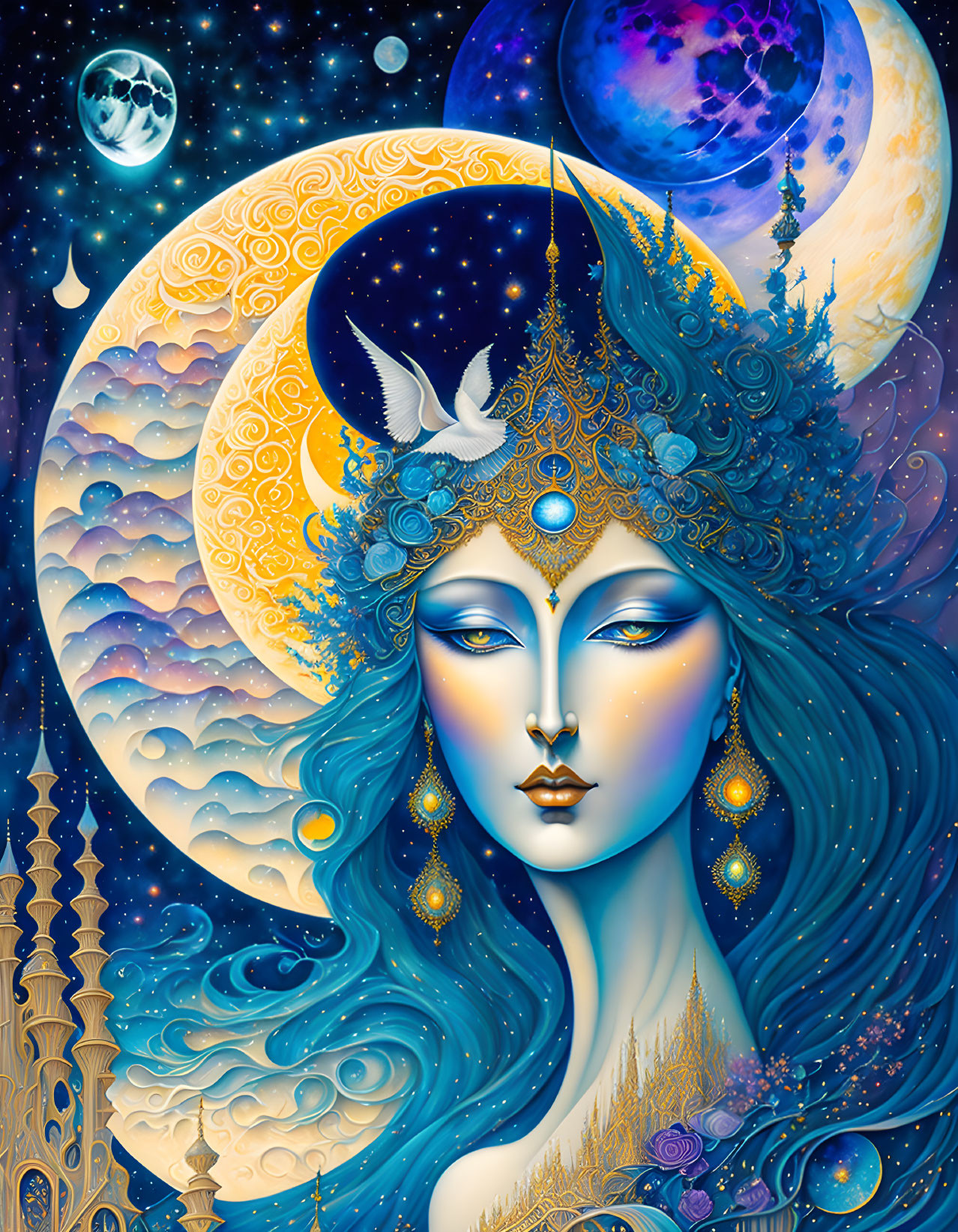 Illustrated portrait of mystical woman with blue skin and ornate headdress, surrounded by moons, stars