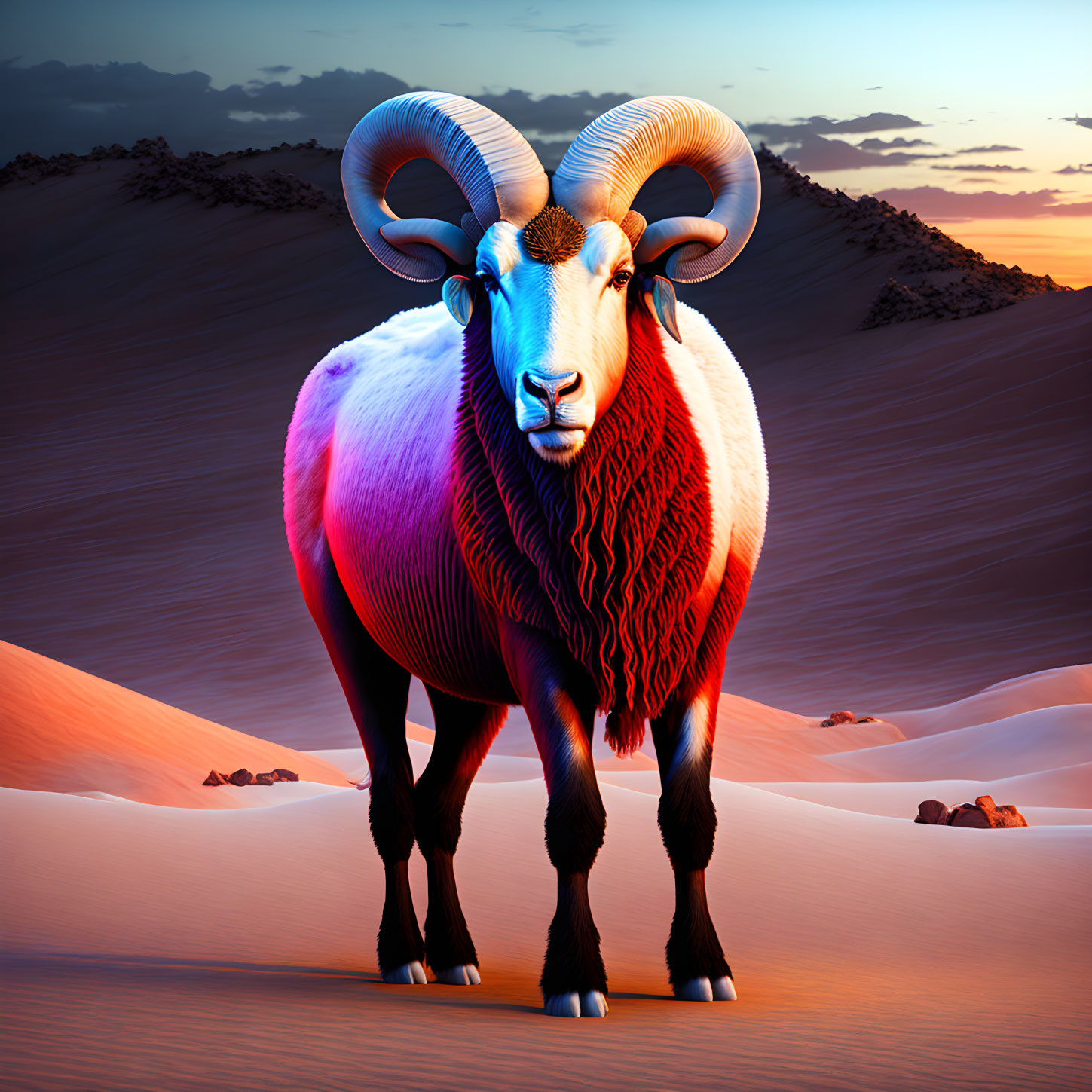 Majestic ram with large curled horns in desert sunset landscape