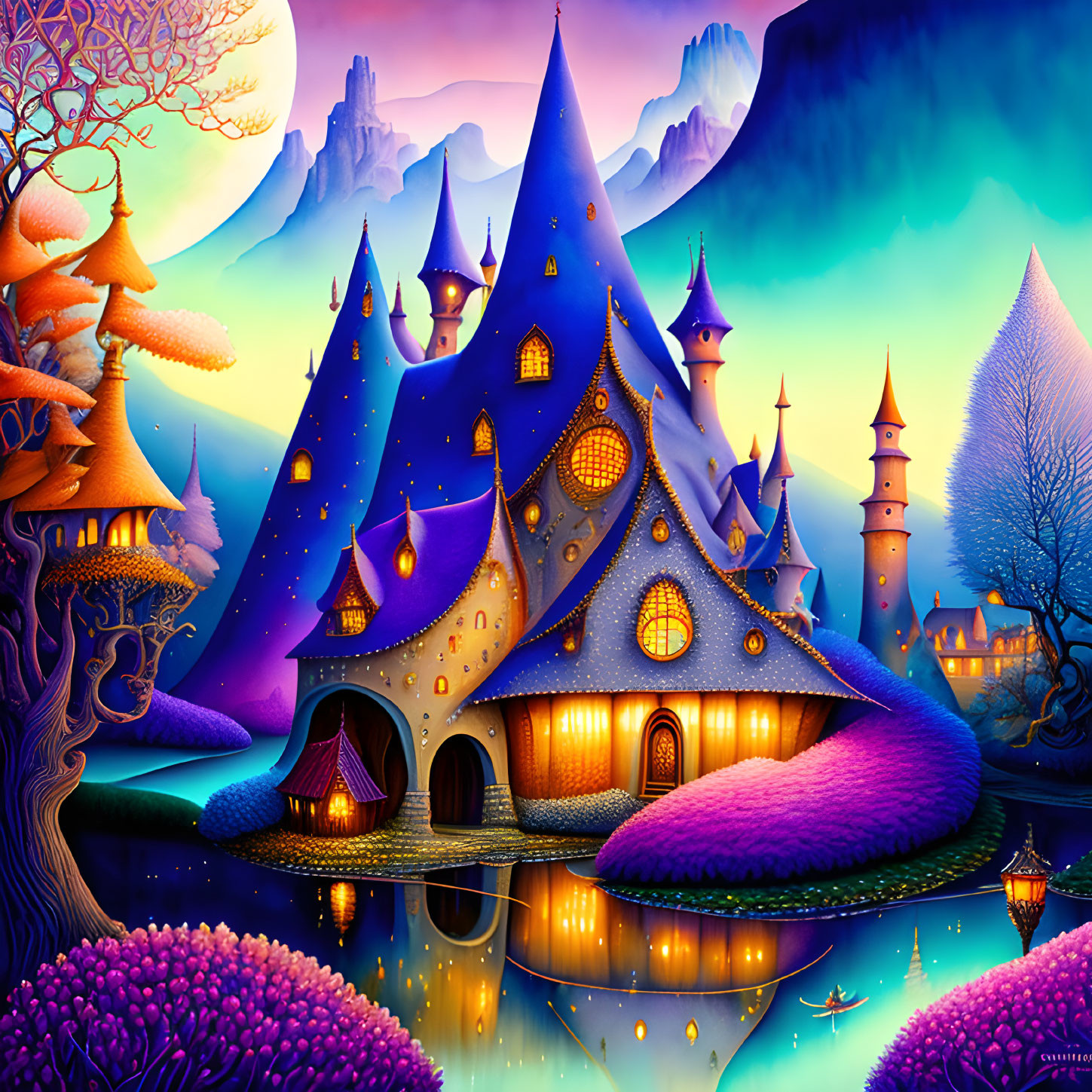 Colorful castles and glowing windows in a fantasy landscape