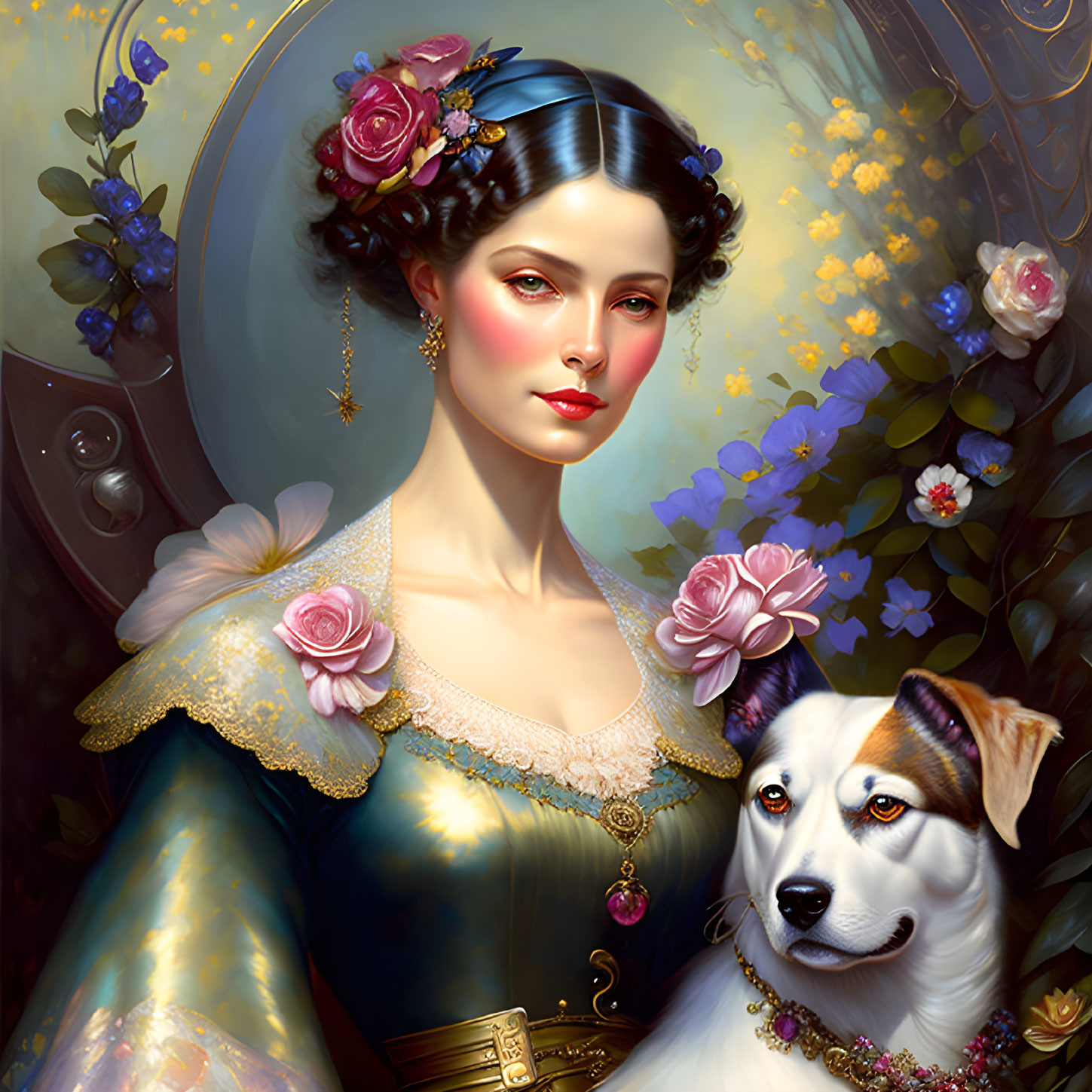 Vintage-inspired digital painting of a woman with flowers in her hair and a dog in a bejew