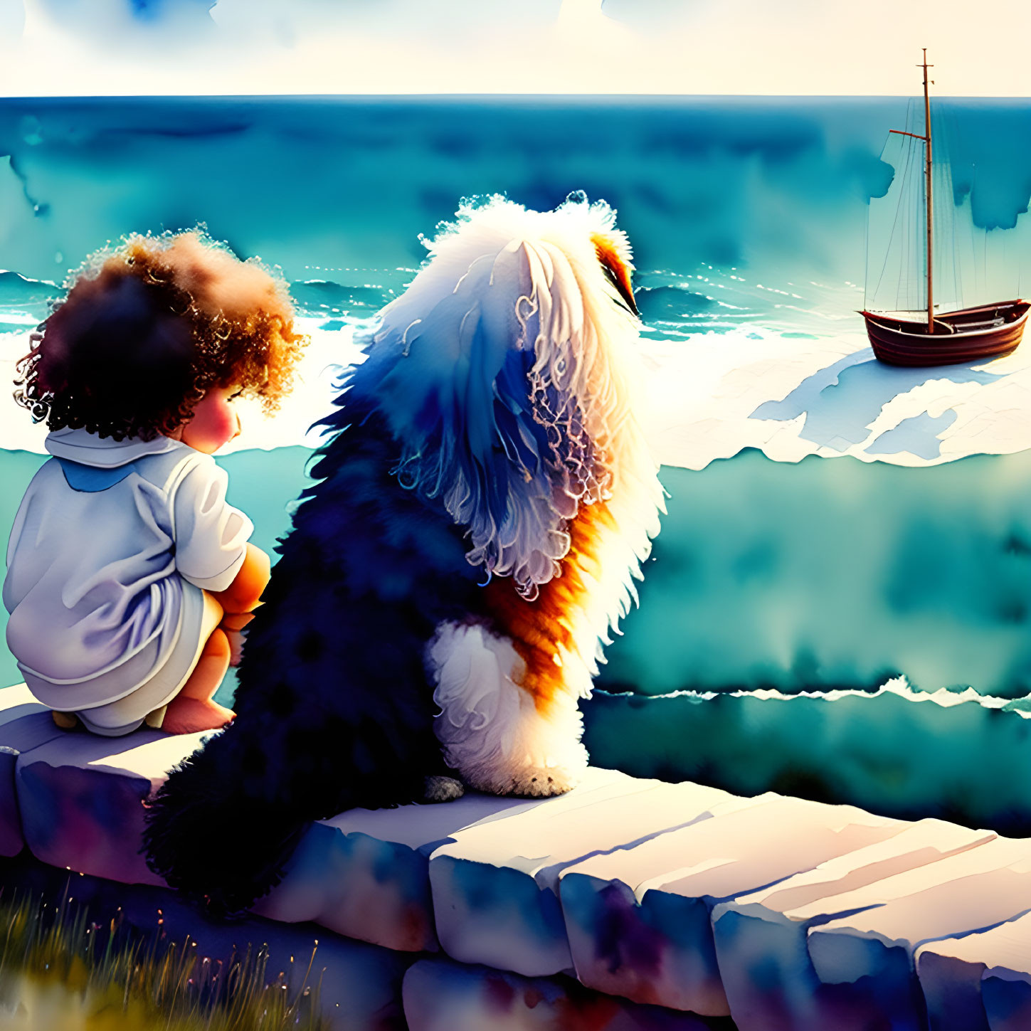 Child and fluffy dog on rocky terrain watching sailboat at sea