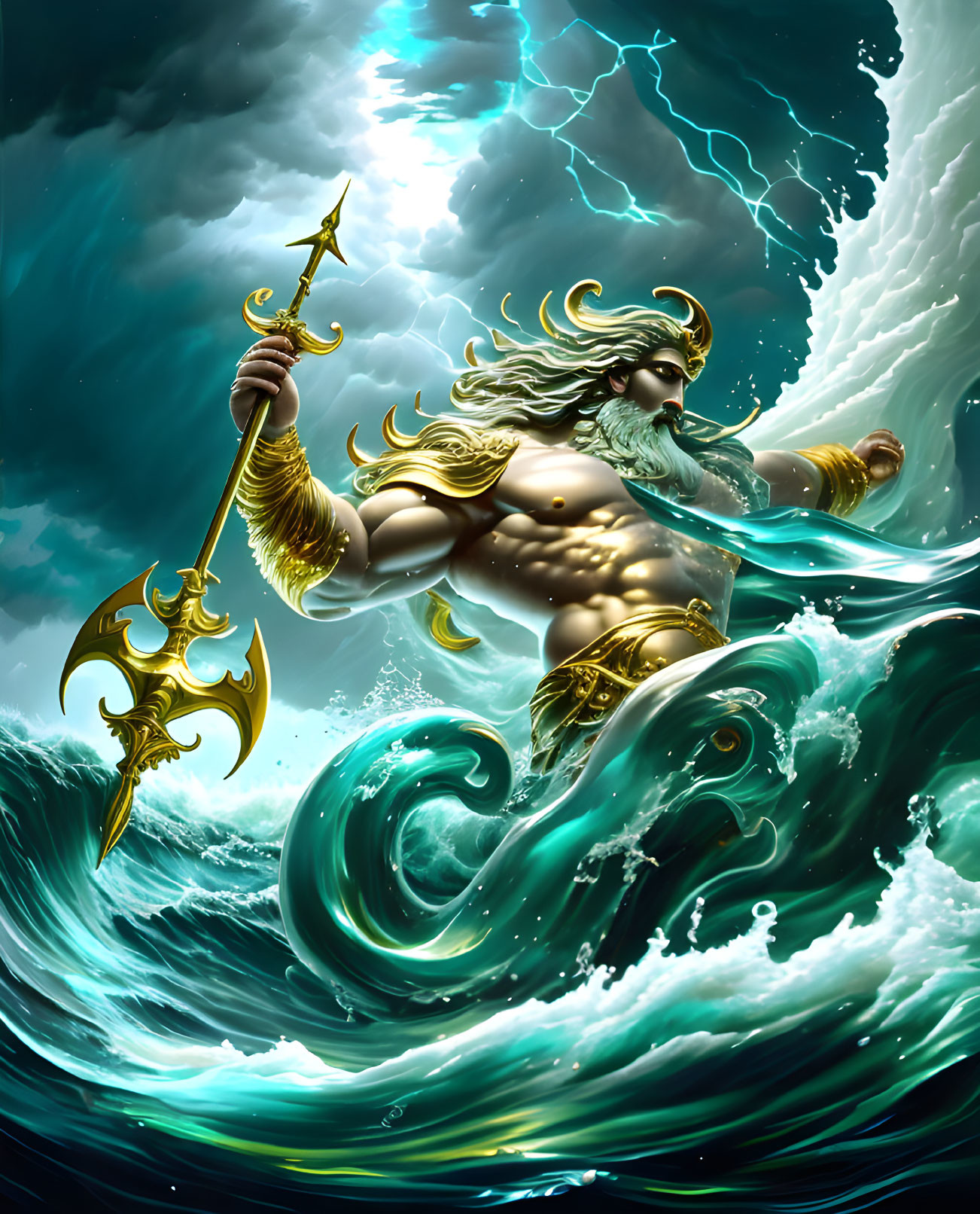 Muscular bearded figure with golden trident in stormy sea scene