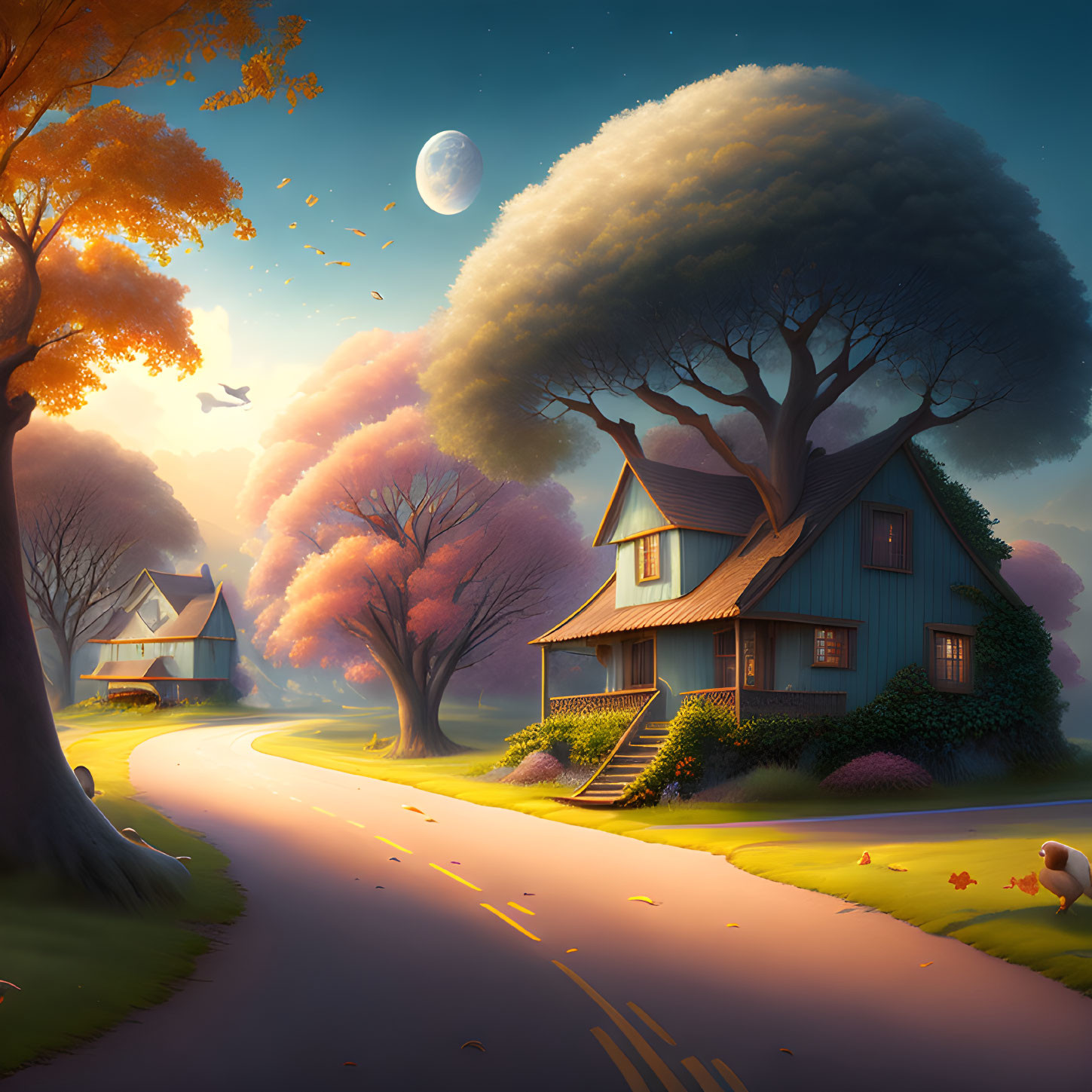 Autumn village landscape with winding road, colorful trees, moon, and bird