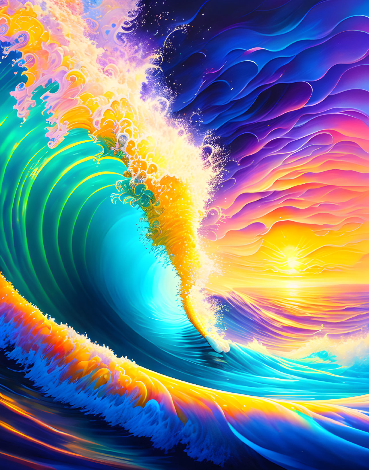 Colorful digital artwork: Stylized wave in vibrant blues, oranges, and purples