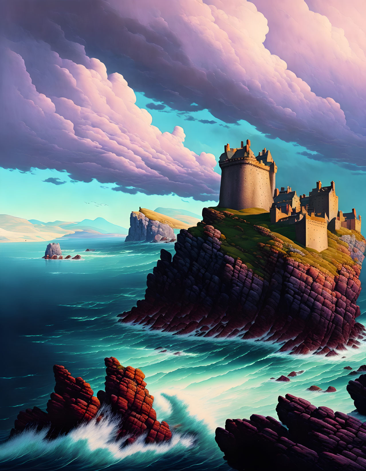 Majestic castle on steep cliffs overlooking ocean and dramatic sky