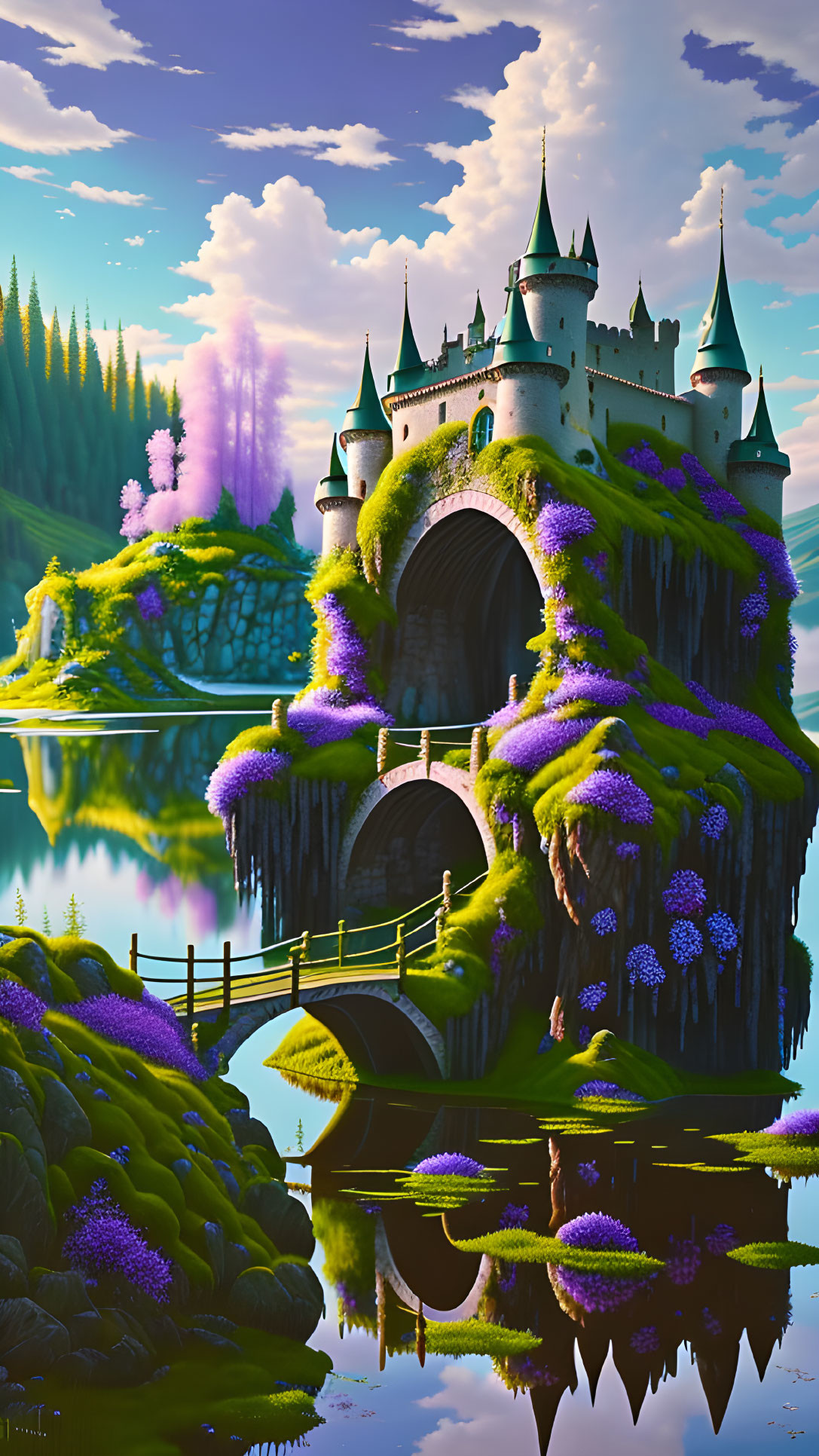 Majestic fairytale castle on lush cliff with waterfalls and vibrant flora reflected in serene lake