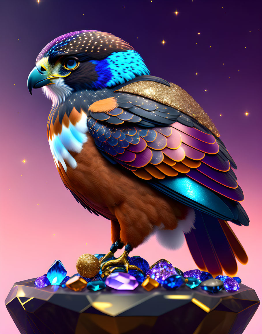 Illustration of eagle on crystal with gems under starry sky