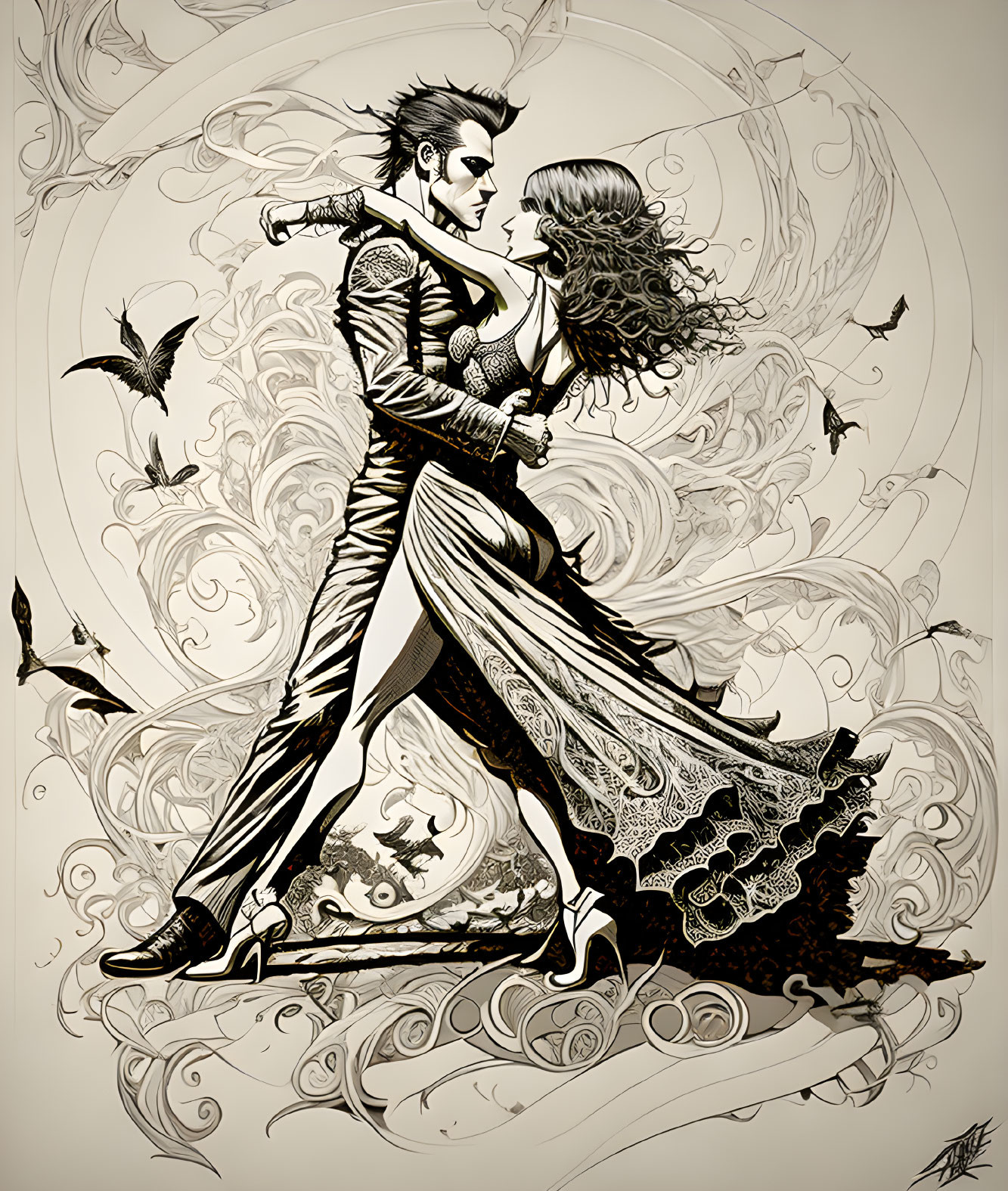 Detailed monochrome gothic couple illustration with bats and intricate patterns.