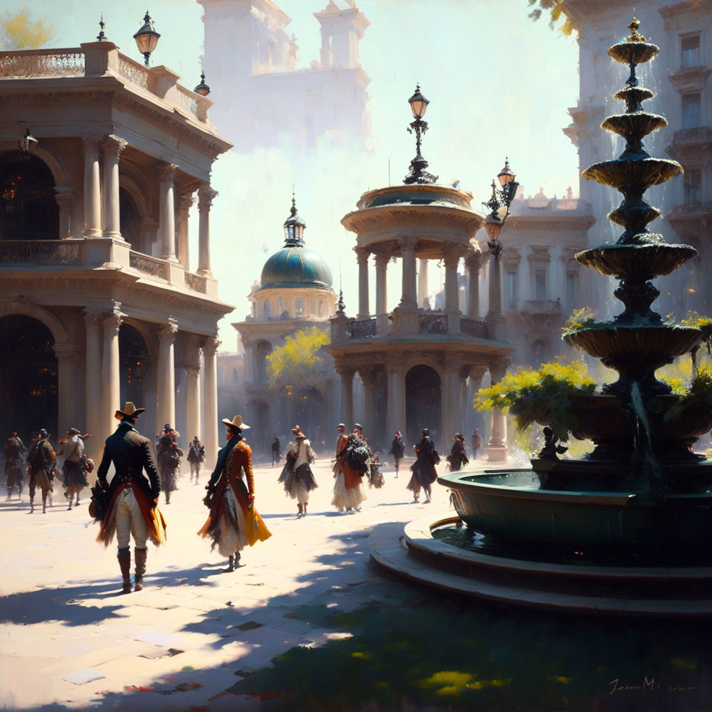 Sunlit plaza with period attire people near fountain & classical architecture