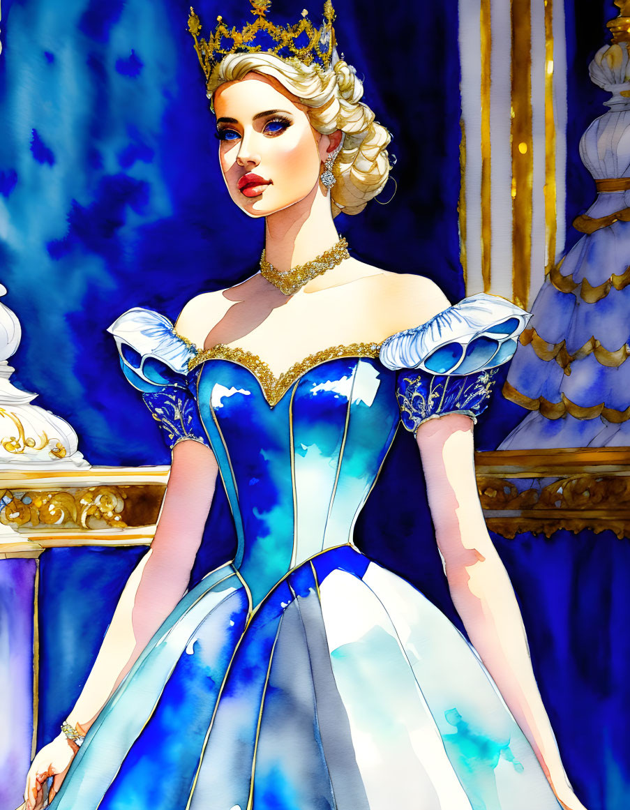 Regal woman in blue and white gown with gold crown on vibrant blue backdrop