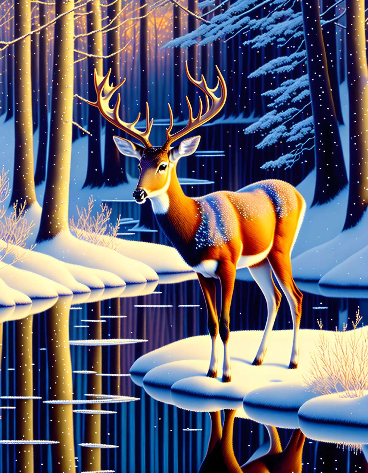 Majestic deer with large antlers in snowy forest scene