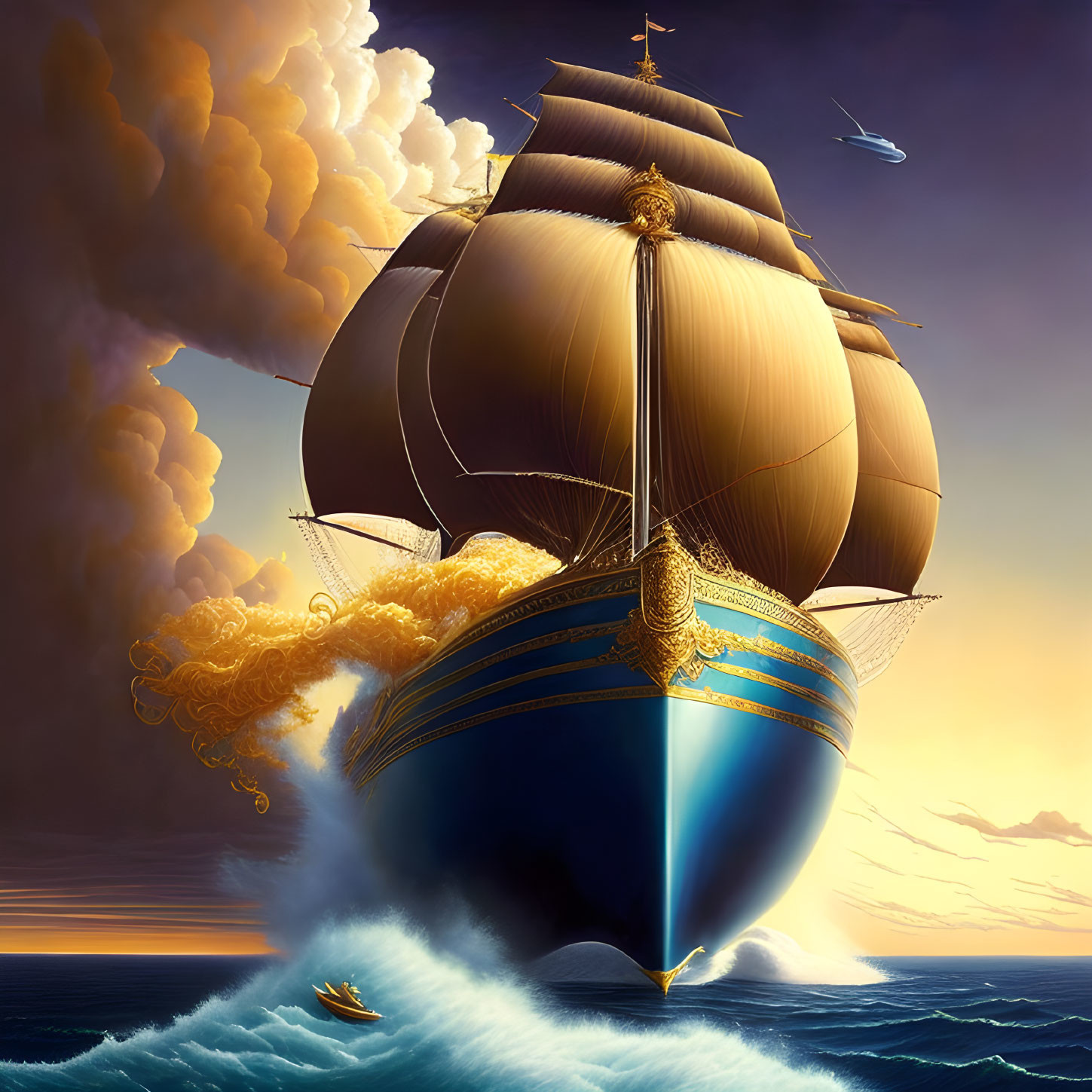 Golden galleon sailing on turbulent seas at sunset with seagull nearby