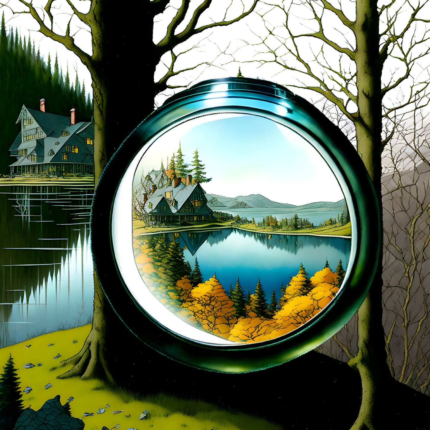 Circular magnifying frame showcases lakeside landscape with houses reflected in water.