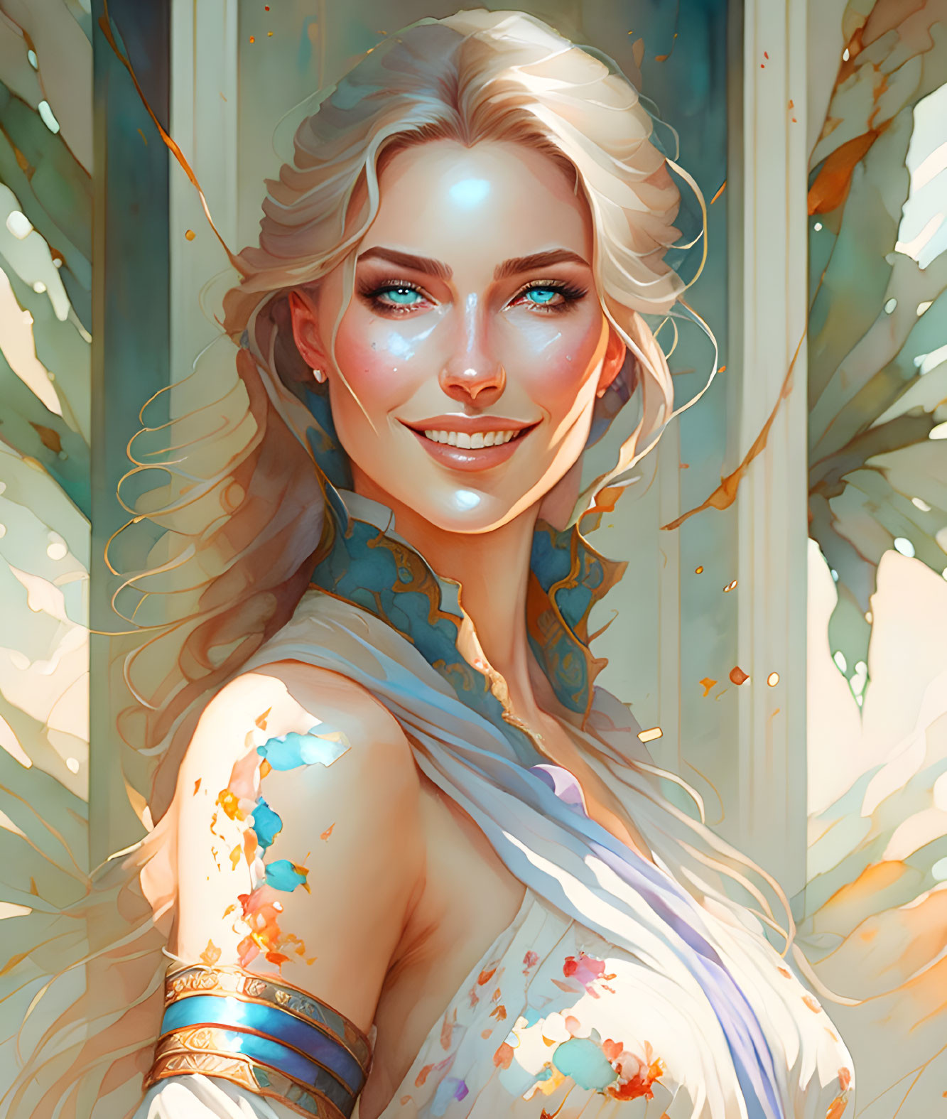 Illustrated portrait of a smiling woman with blonde hair, blue eyes, tattoos, in a sunlit