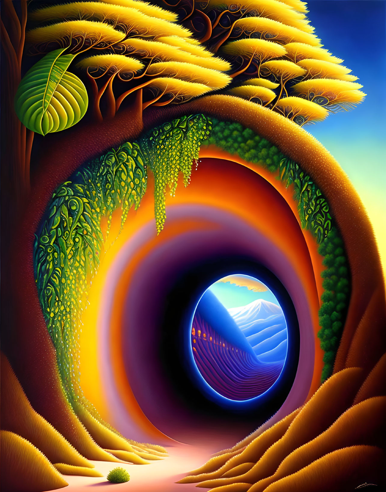 Surreal landscape with circular portal and ocean view