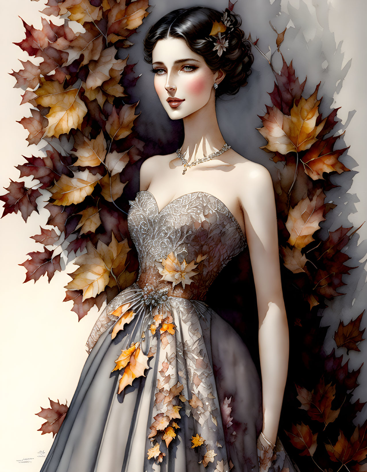 Dark-haired woman in autumn gown with leaf motifs portrays elegance and melancholy