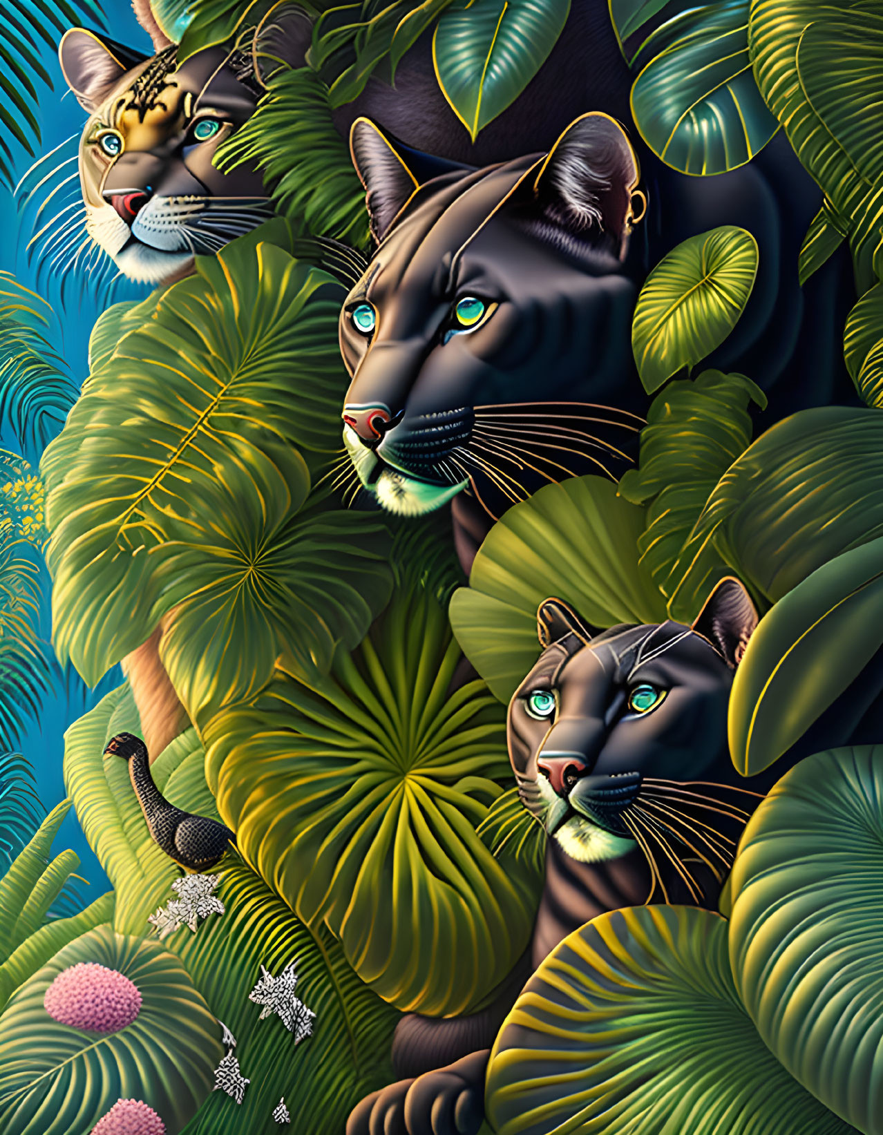 Colorful Leopard Trio in Tropical Jungle Scene