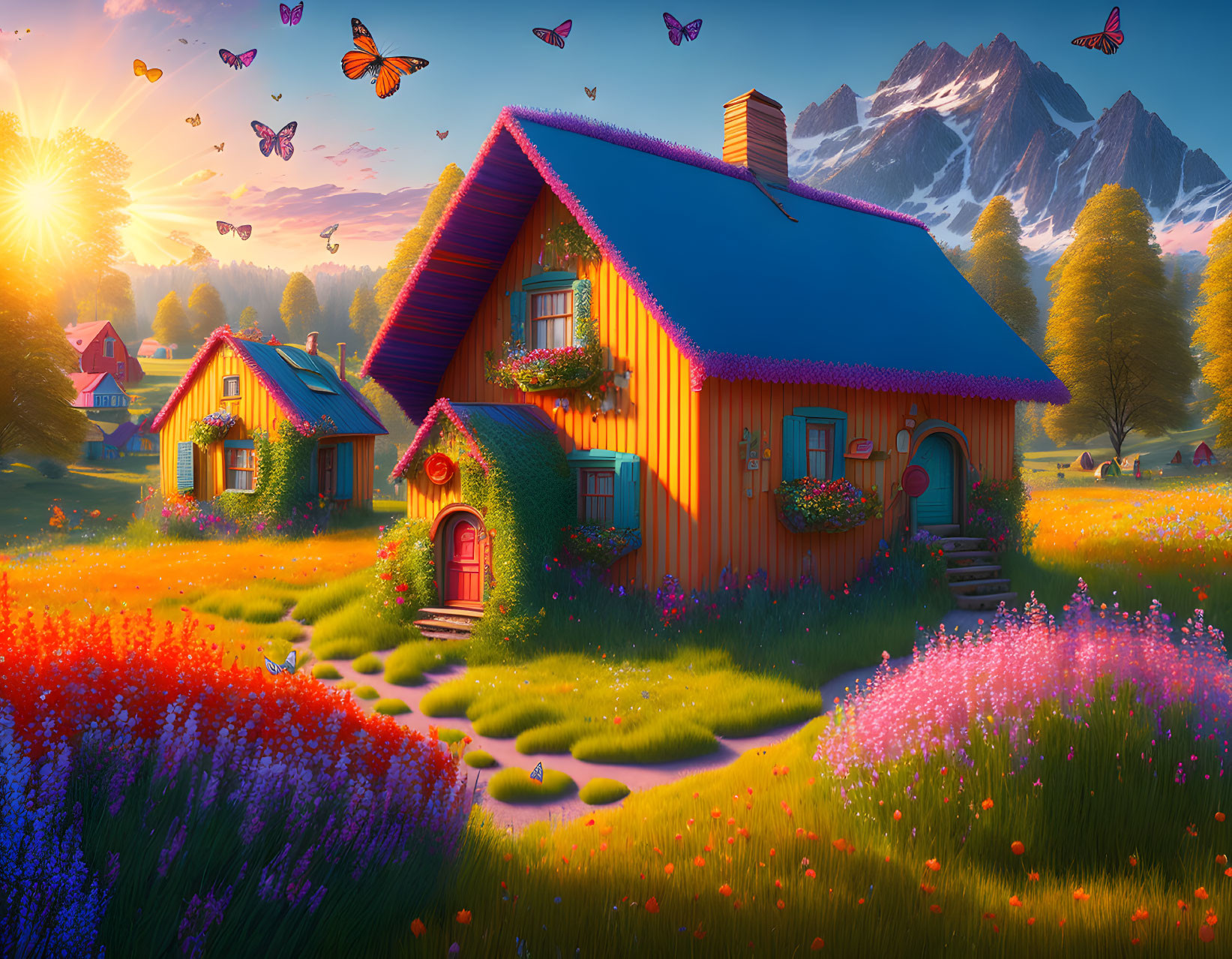 Colorful Cottage with Flower-Covered Roof in Meadow with Butterflies and Mountains at Sunrise