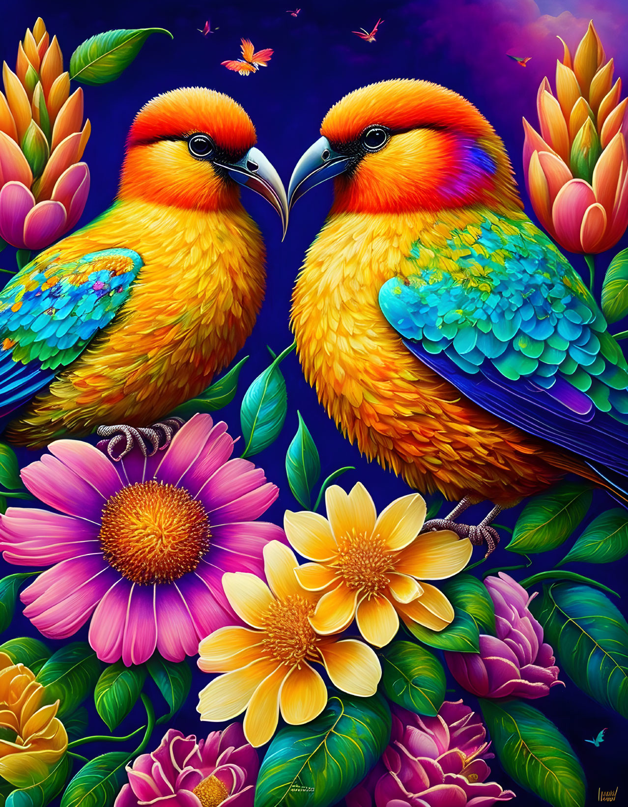 Colorful illustration of two birds among flowers under a purple sky