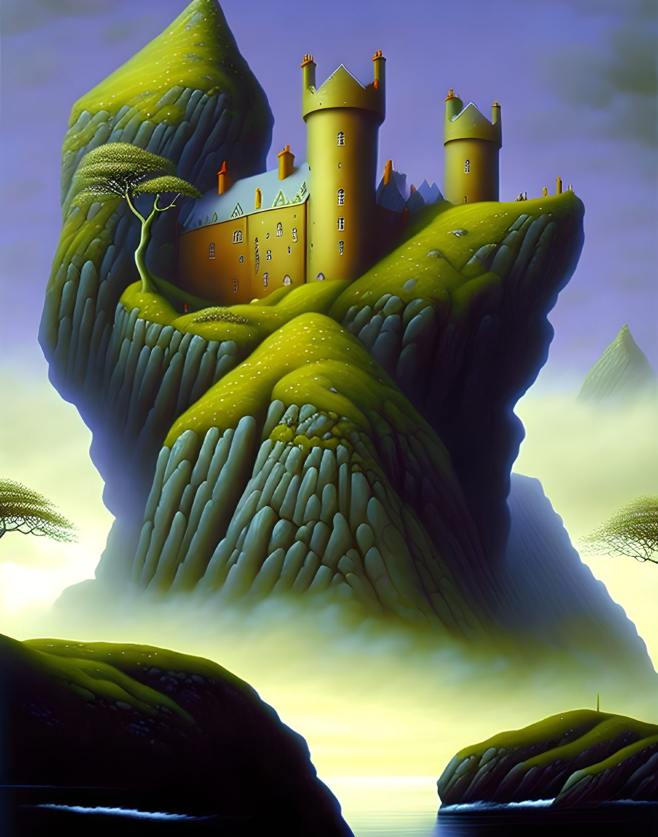 Surreal castle painting on rocky peak at twilight