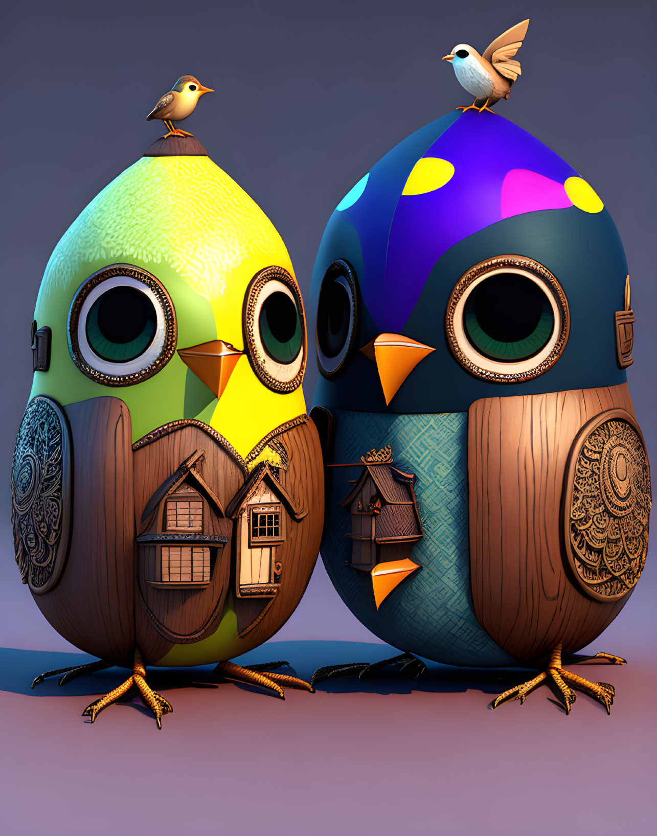 Whimsical owl house characters with birds on purple background