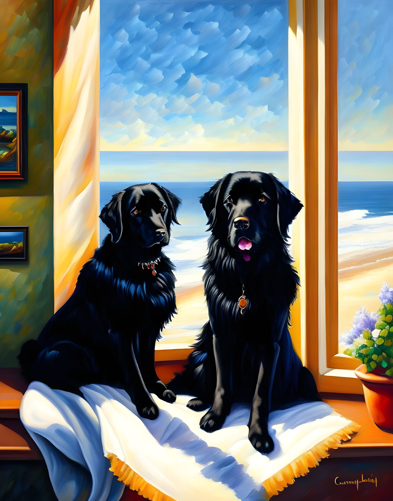 Two Black Dogs Sitting on White Blanket by Beach Window