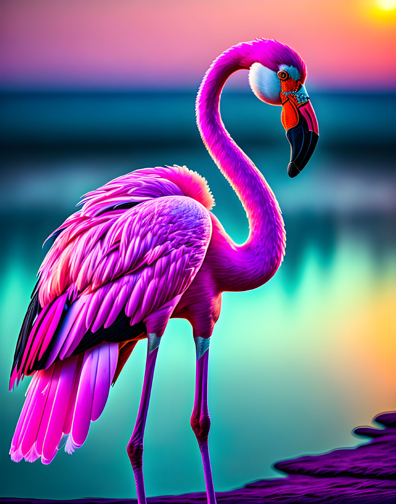 Colorful Pink Flamingo Illustration by Water