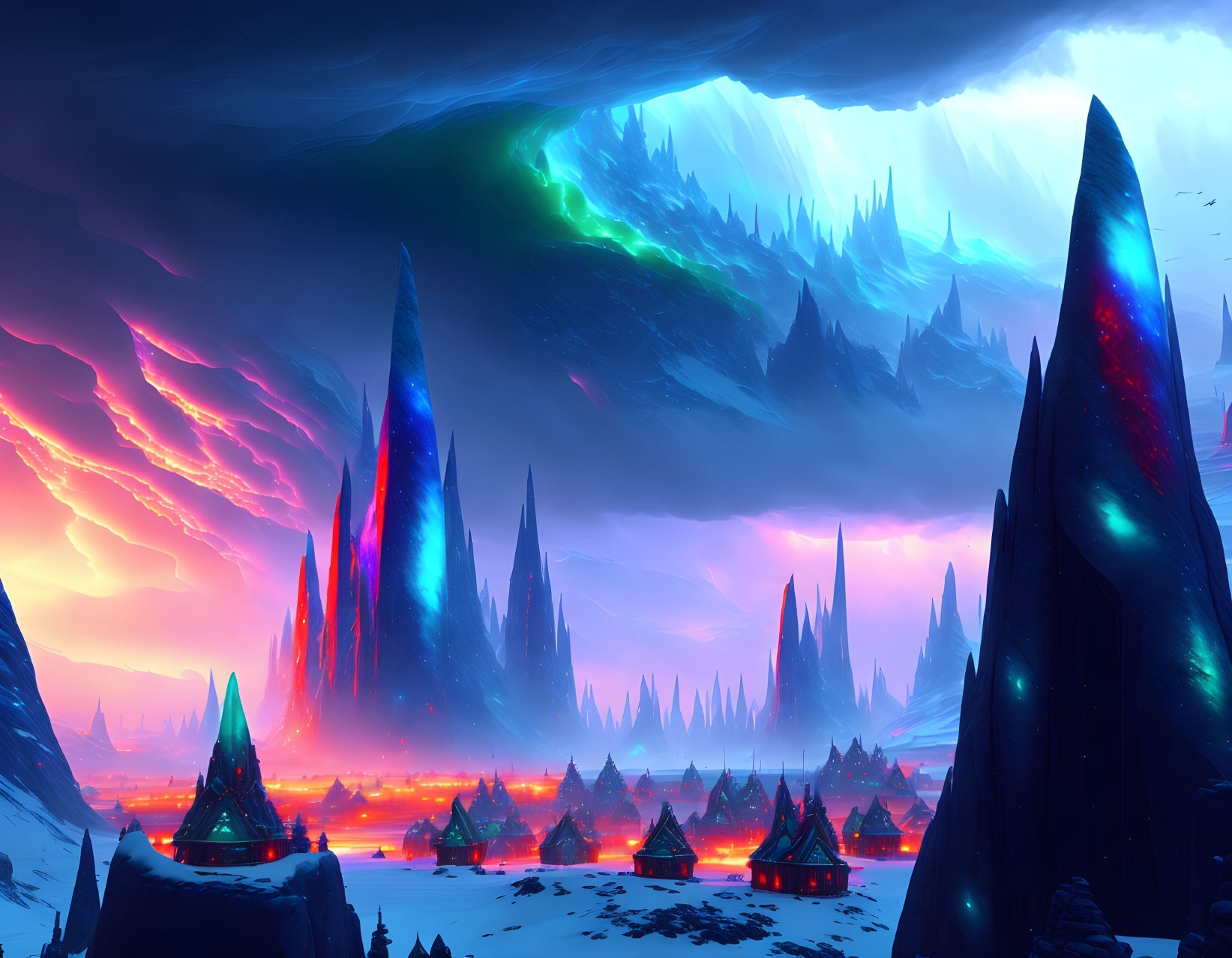 Sci-fi landscape with ice spires, red lights, aurora, stormy sky