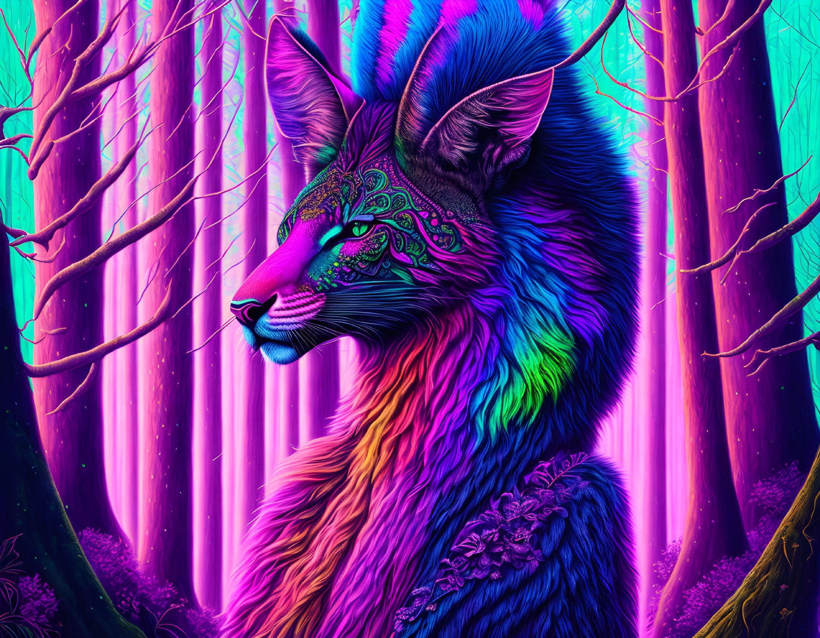 Colorful mystical fox in enchanted forest illustration