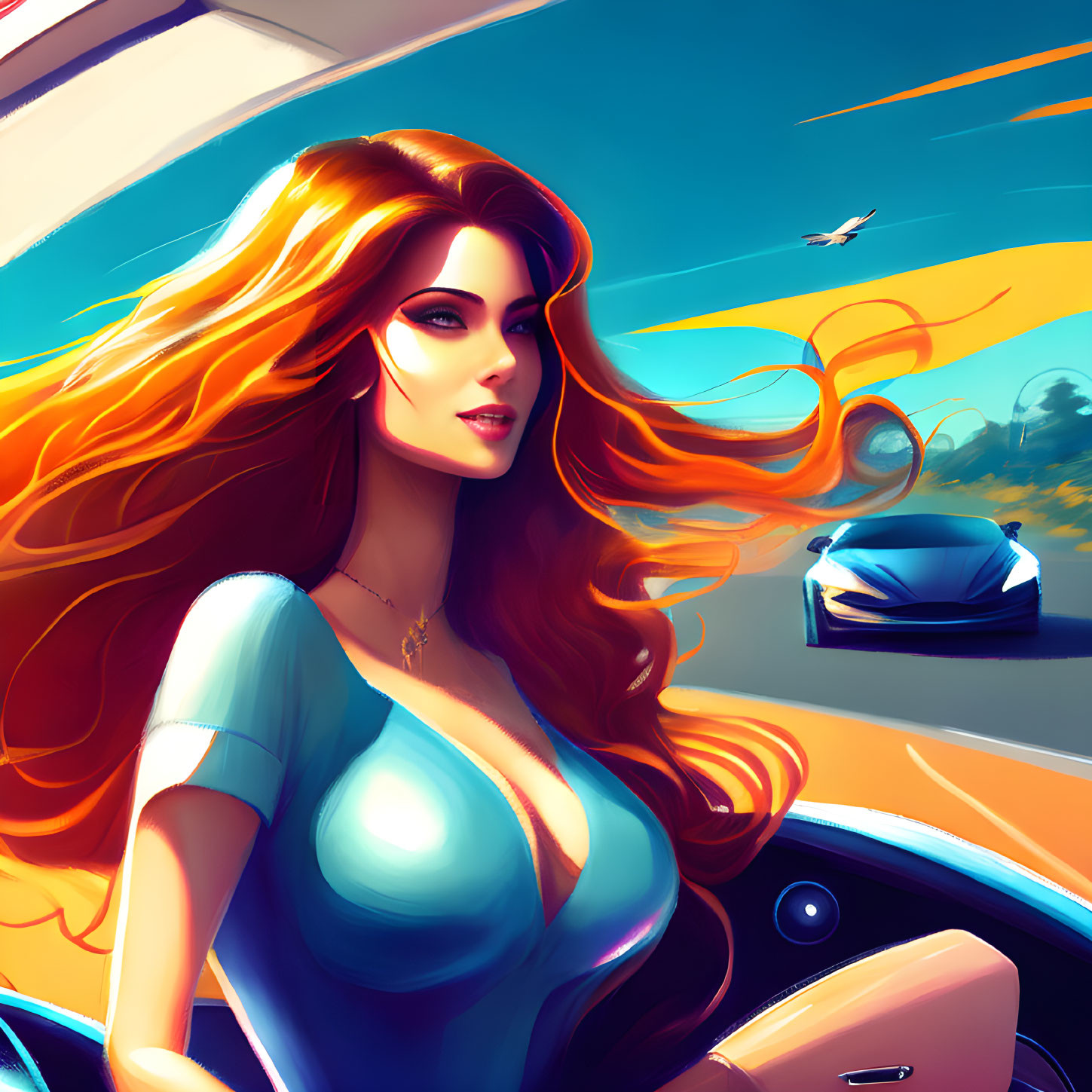 Colorful illustration: Woman with red hair in convertible under blue sky with flying plane