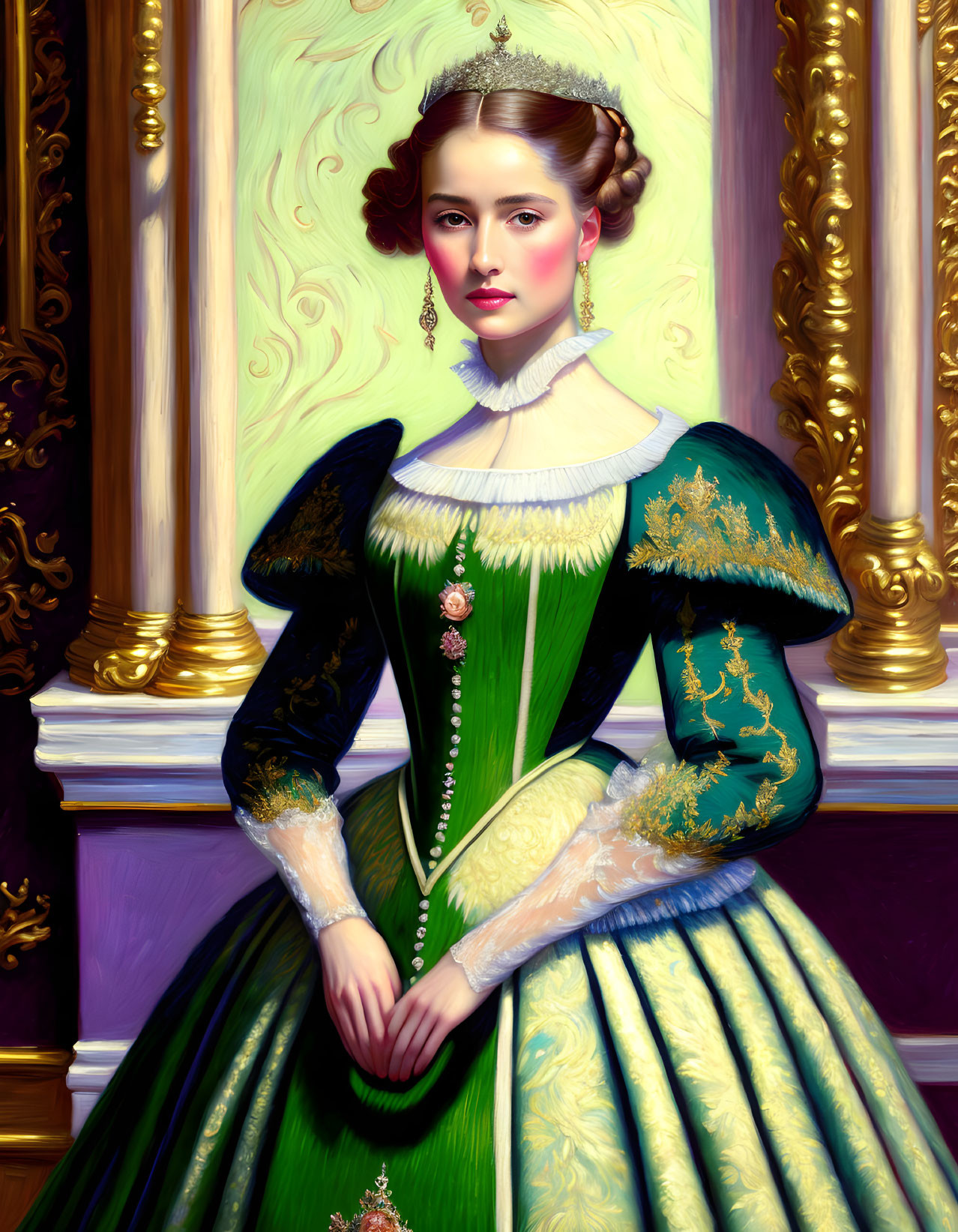 Traditional portrait of woman in green dress with gold embroidery and pearl earrings.