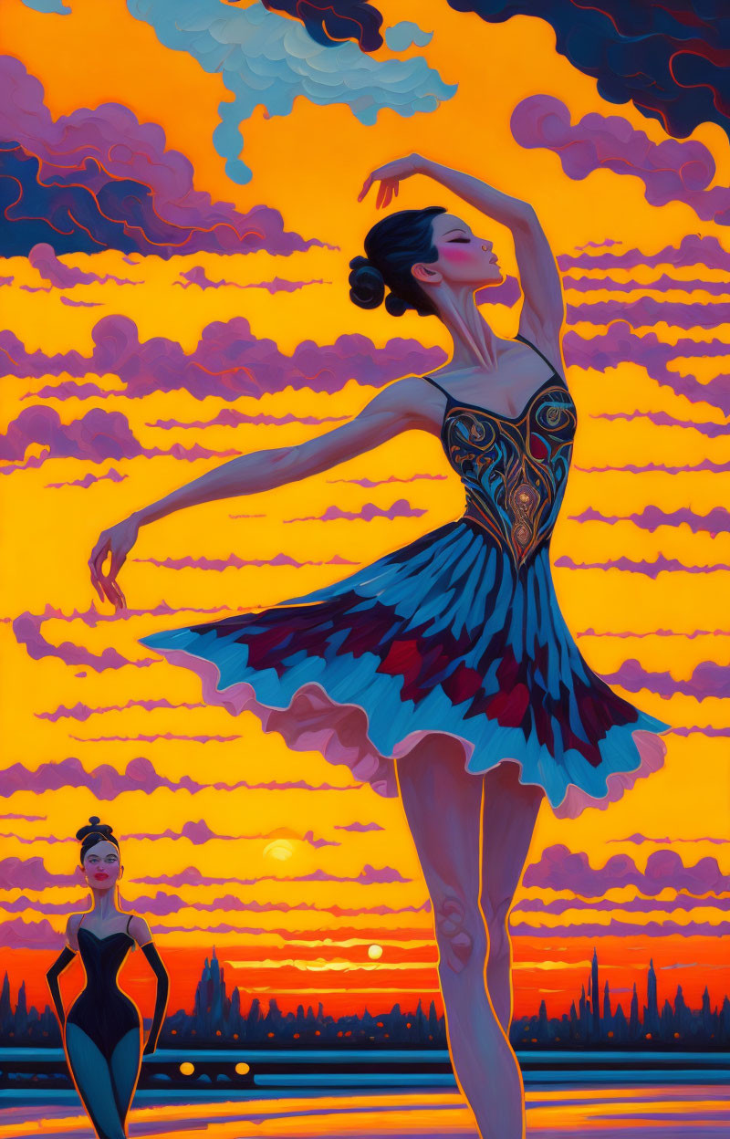 Colorful Ballet Dancer Painting with Sunset Landscape