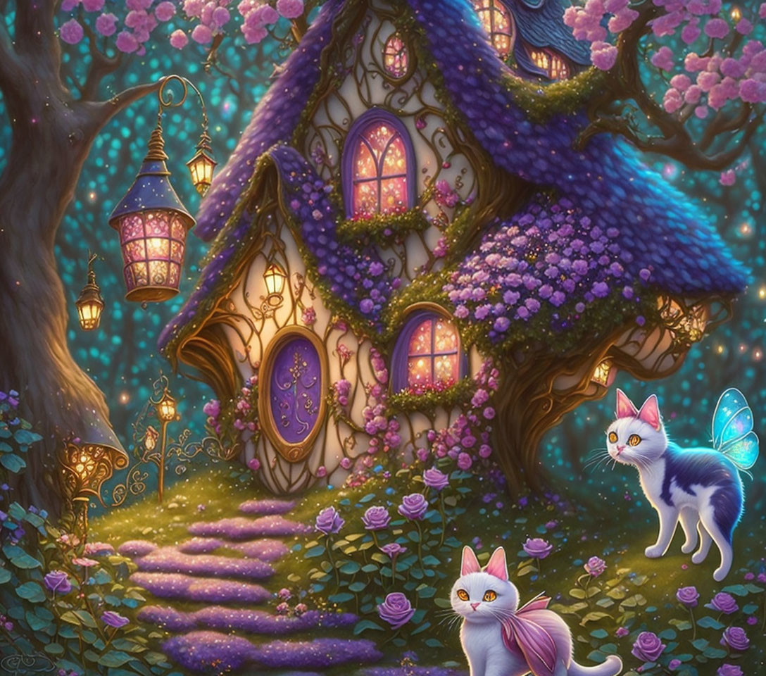 Illustration: Fairytale cottage with purple flowers, glowing lanterns, and winged cats