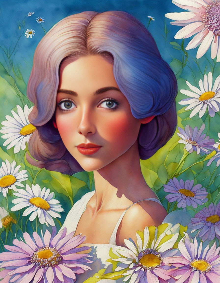 Young woman with lavender hair in white dress among daisies