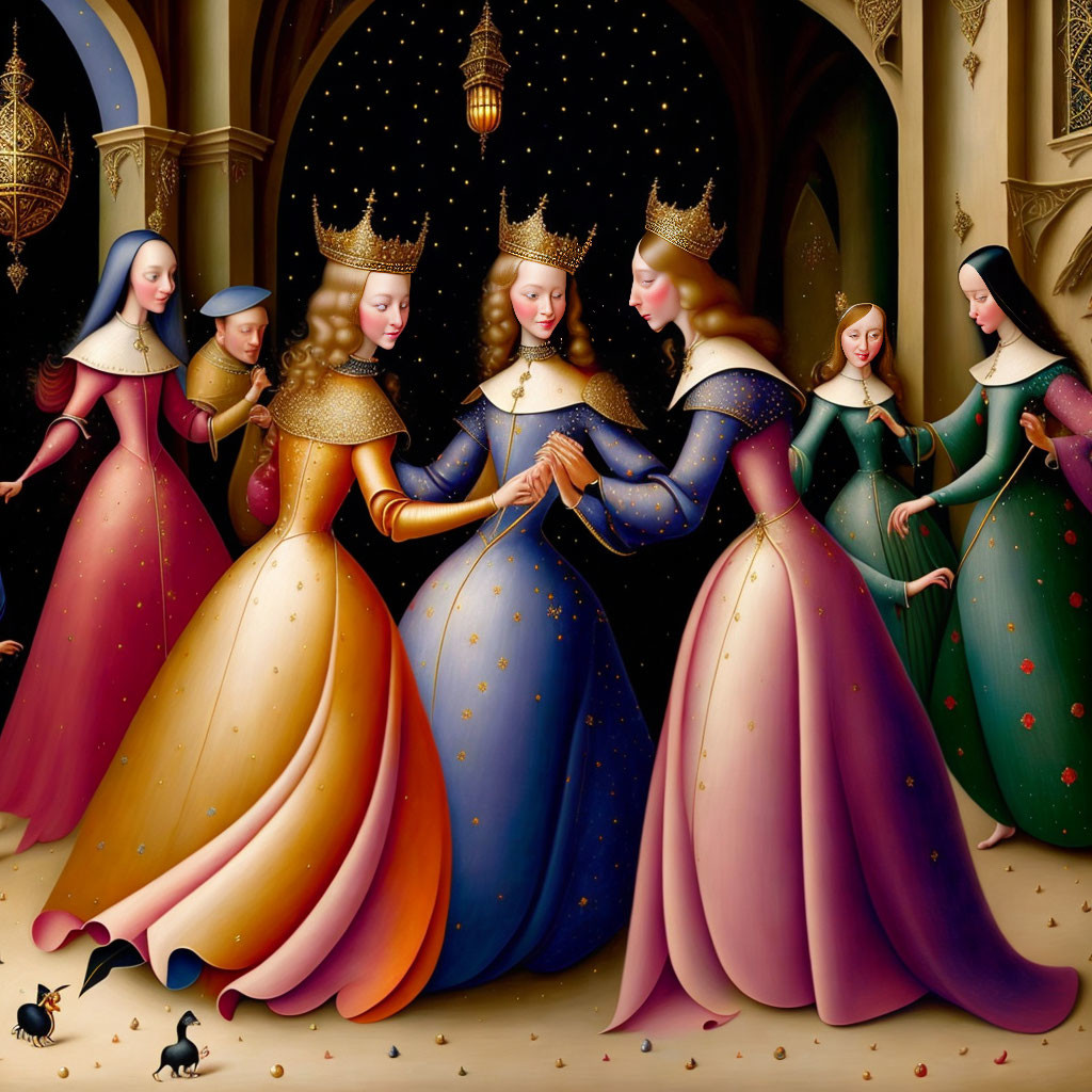 Medieval women in ornate gowns in a grand gothic hall.