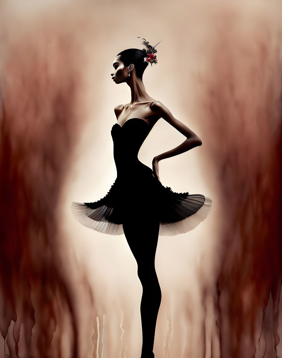 Slender figure in black tutu with headpiece on warm blurred background