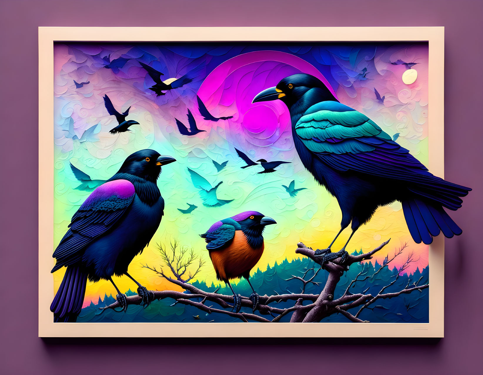 Colorful digital artwork featuring iridescent birds on branches with sunset backdrop