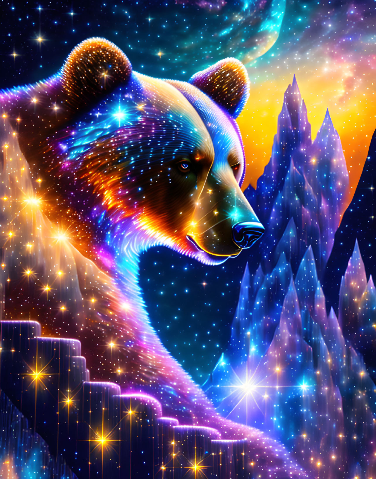 Colorful cosmic bear silhouette over mountain landscape under nebula night sky