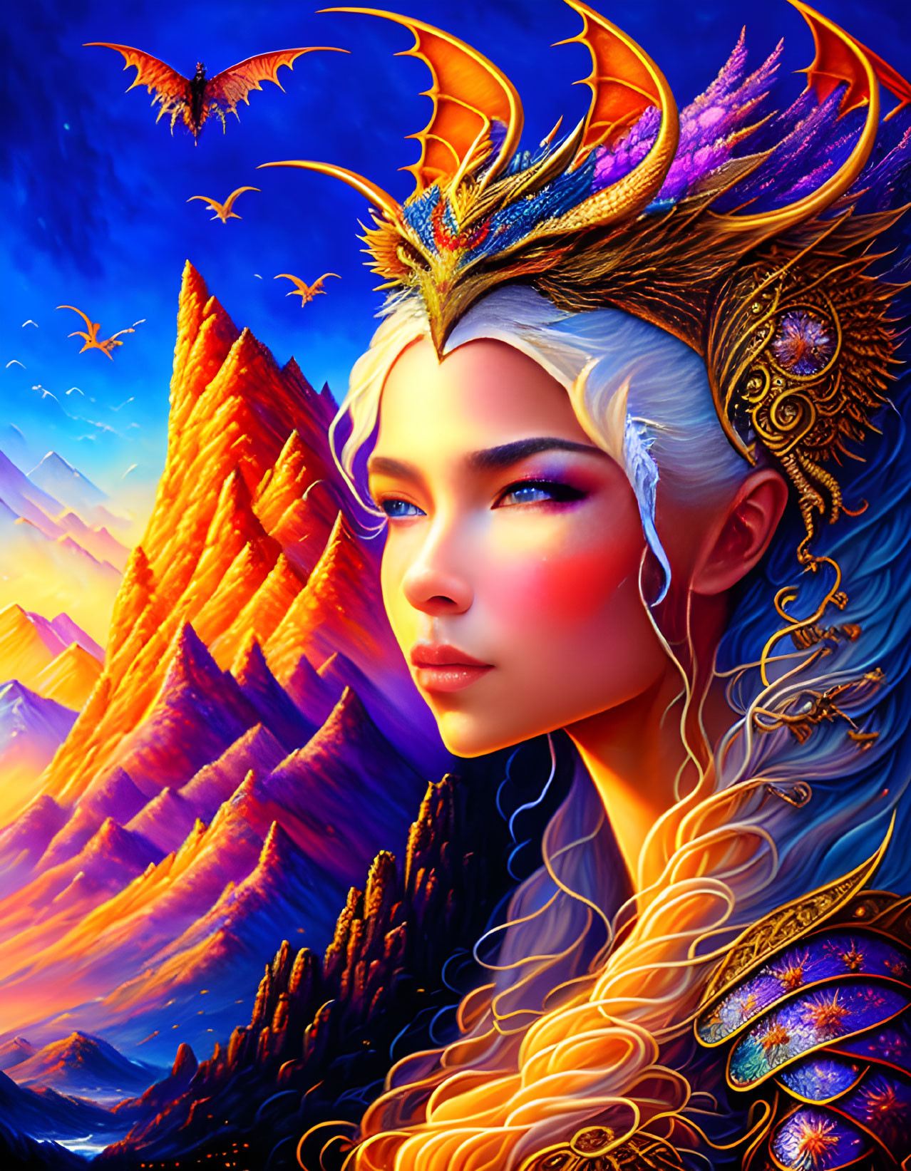 Fantasy art of woman with gold headdress, white hair, dragons, mountains