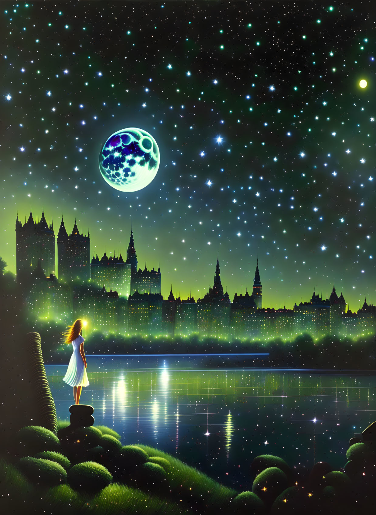 Person admiring detailed moon over lake with castle silhouette in starry sky