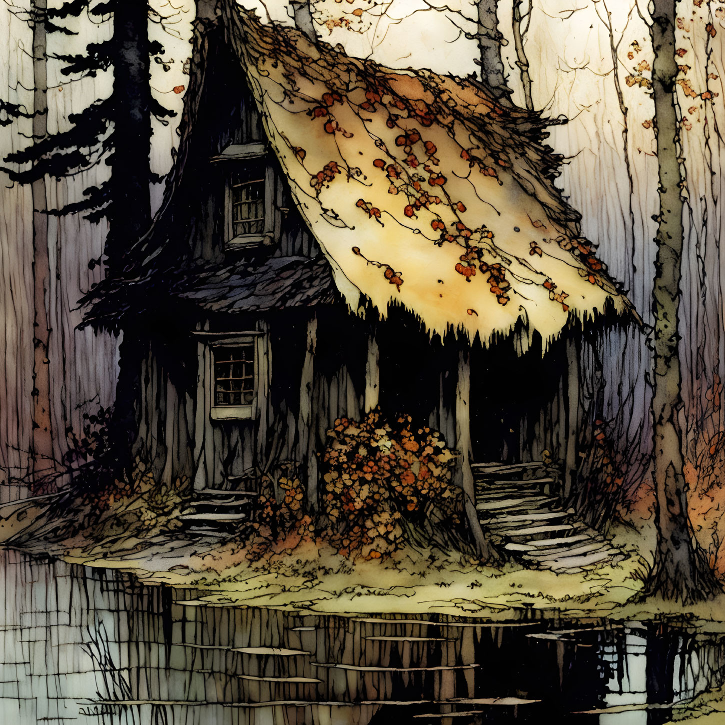 Illustration of quaint cottage with thatched roof in autumn forest by water