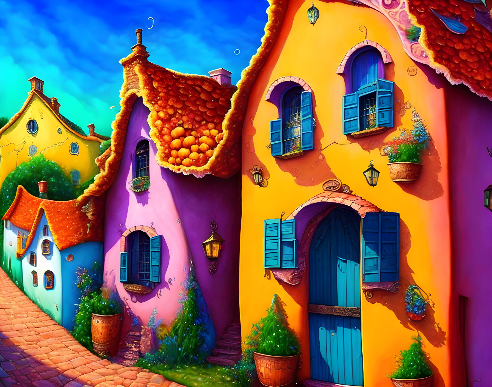 Colorful Houses with Quirky Architecture on Whimsical Street