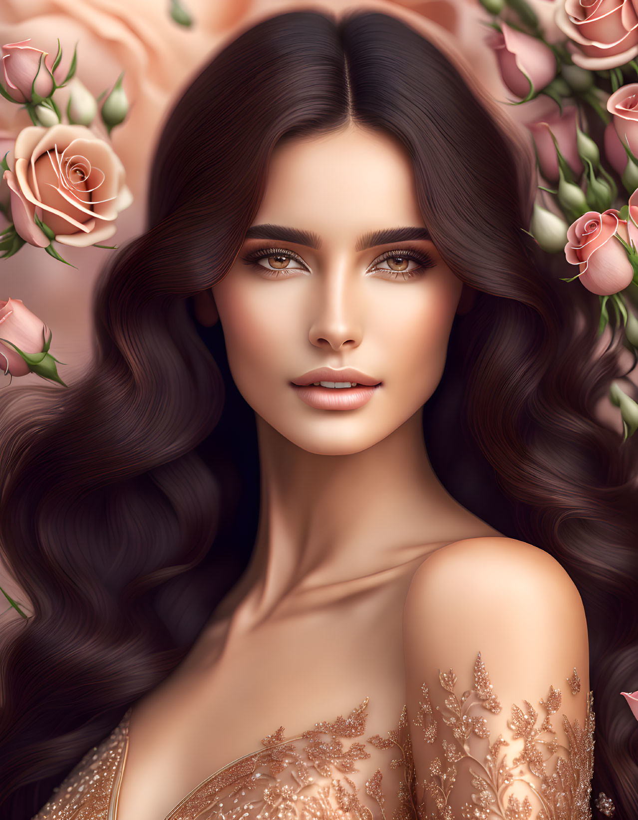 Woman with Long, Wavy Hair Surrounded by Roses in Serene Illustration