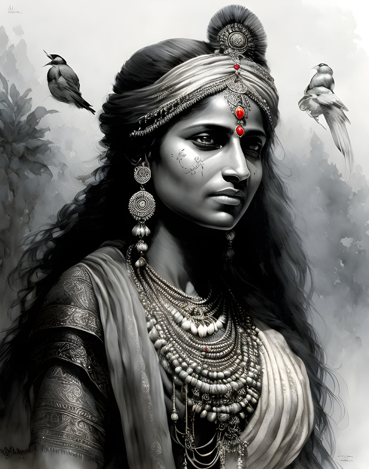 Traditional Indian Attire Illustration with Intricate Jewelry and Birds