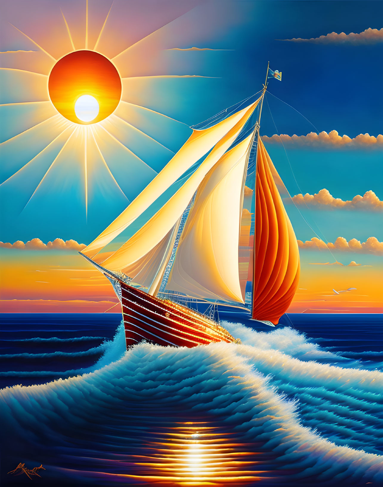 Colorful sailboat painting with billowing sails on wavy seas and bold sun.