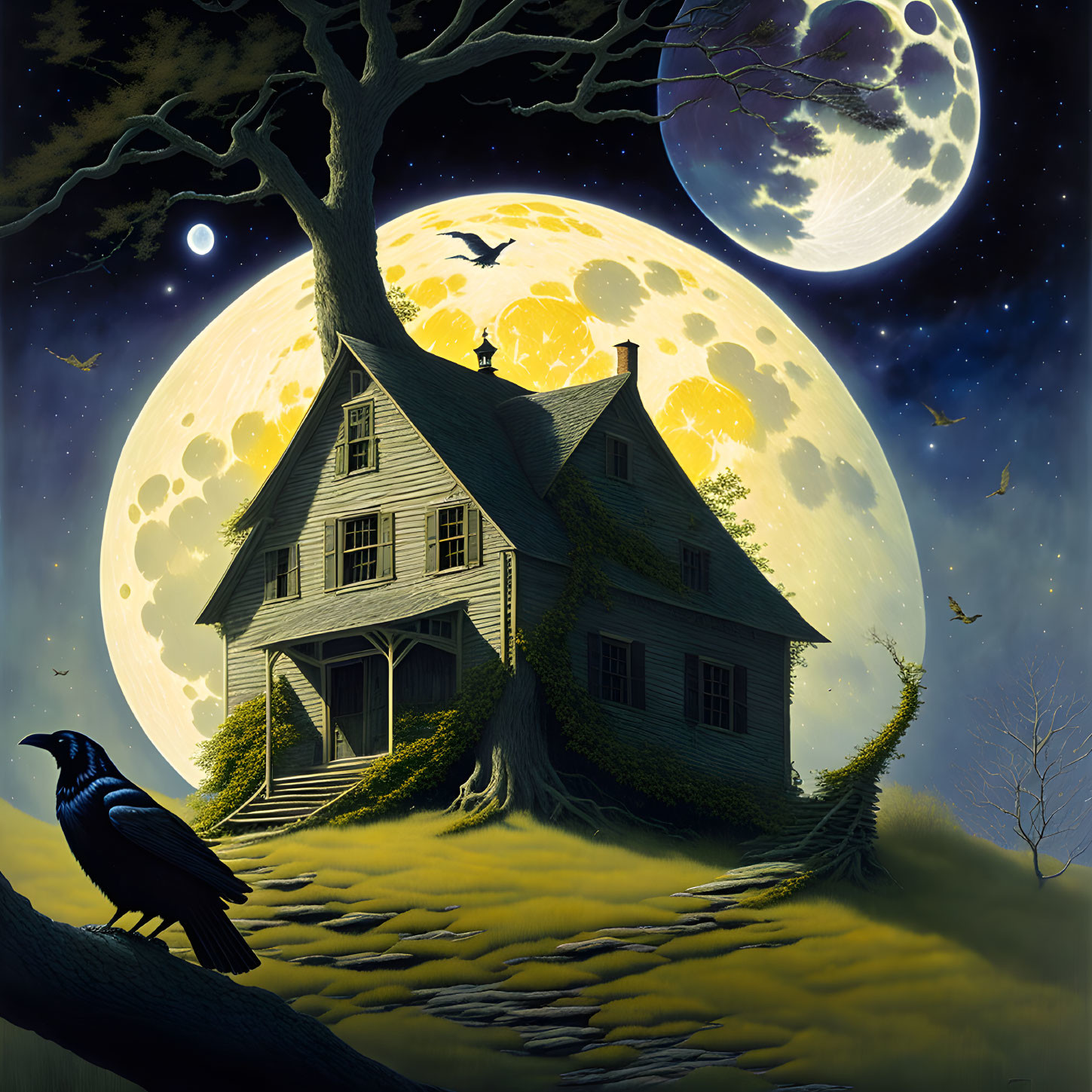 Spooky nighttime landscape with house, moon, trees, birds, and raven