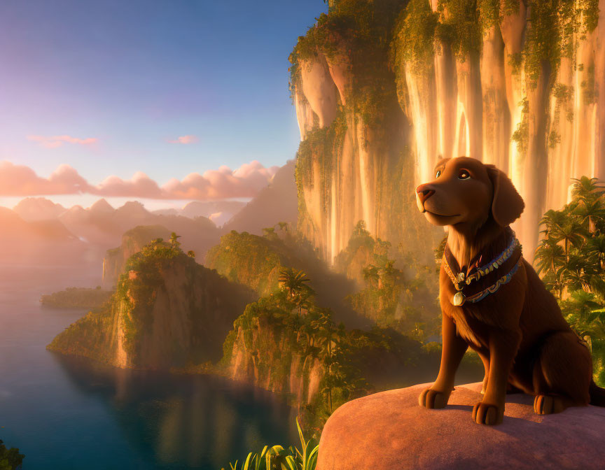 Animated dog admires sunlit landscape with waterfalls and islands